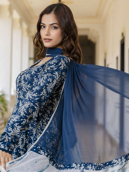 Blue Floral Printed Anarkali Kurta with Pyjama and Dupatta