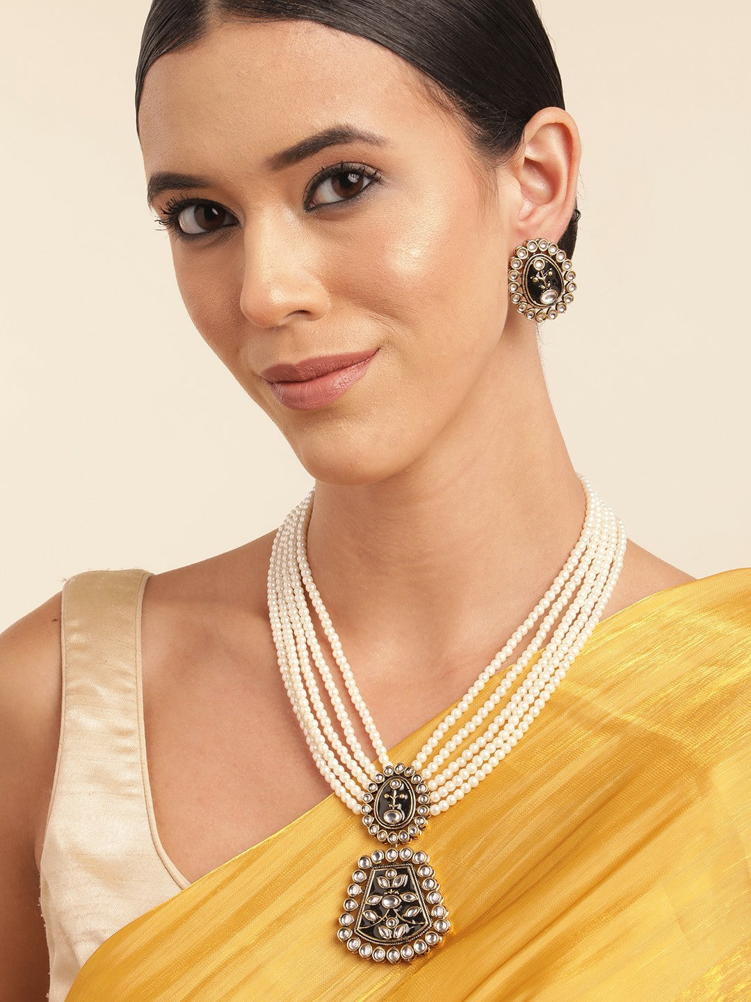 Pearl Gold Plated Kundan Beaded Layered Necklace & Earrings Set