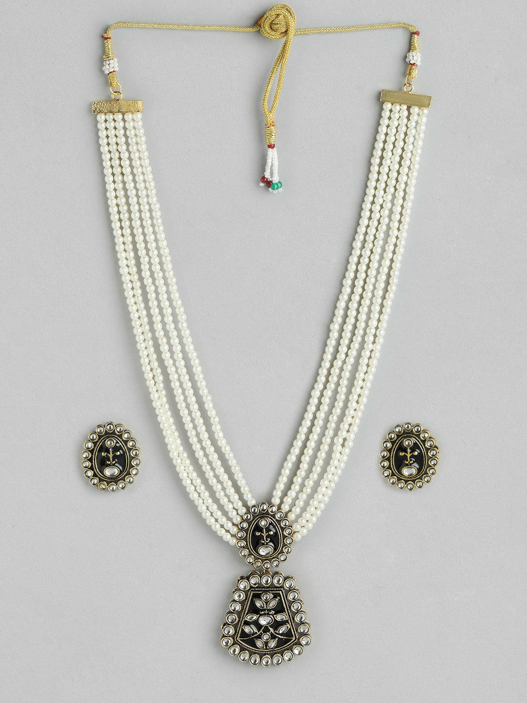 Pearl Gold Plated Kundan Beaded Layered Necklace & Earrings Set
