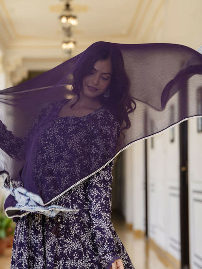 Purple Floral Printed Anarkali Kurta with Pyjama & Dupatta