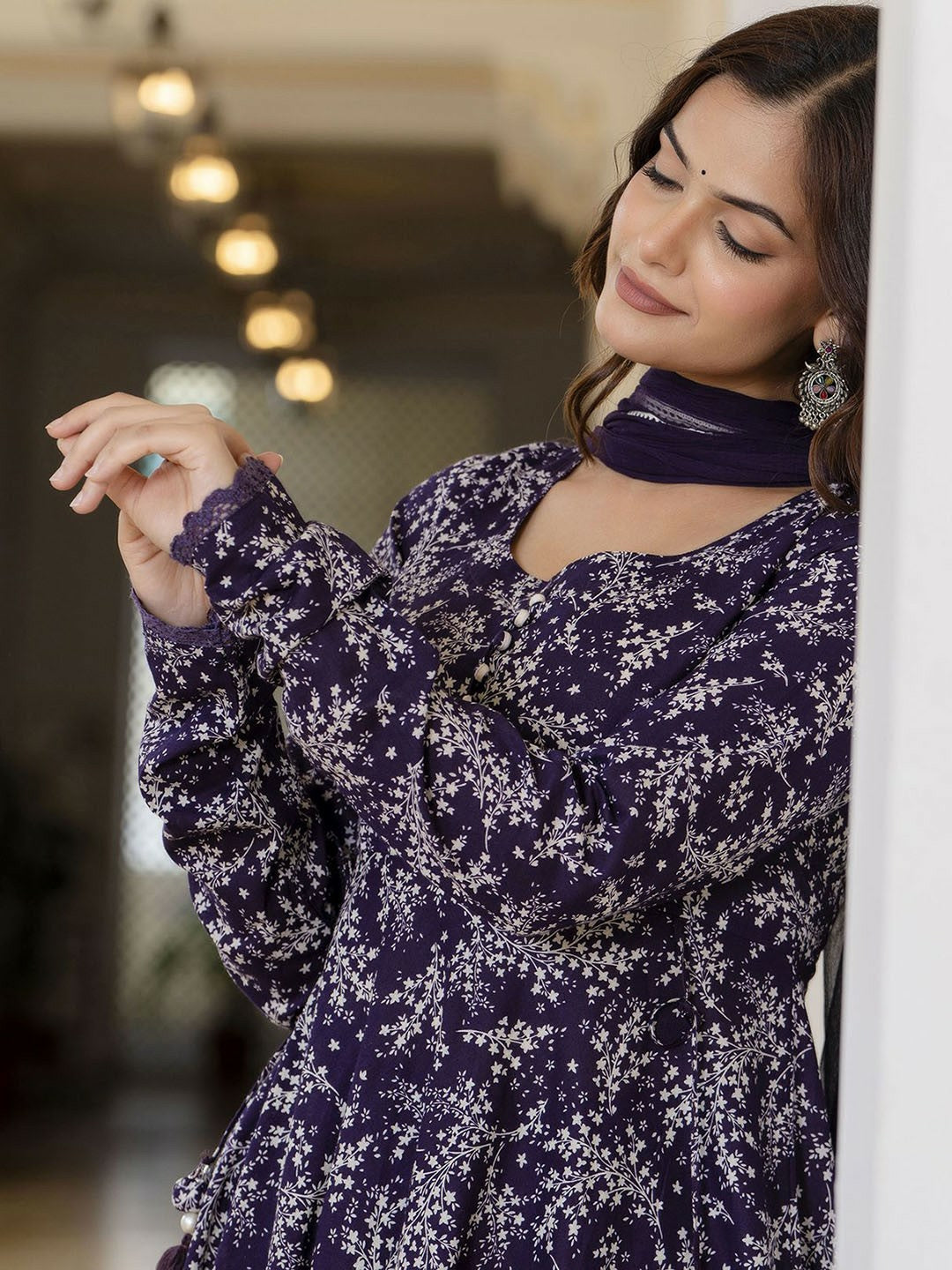 Purple Floral Printed Anarkali Kurta with Pyjama & Dupatta
