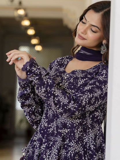 Purple Floral Printed Anarkali Kurta with Pyjama & Dupatta