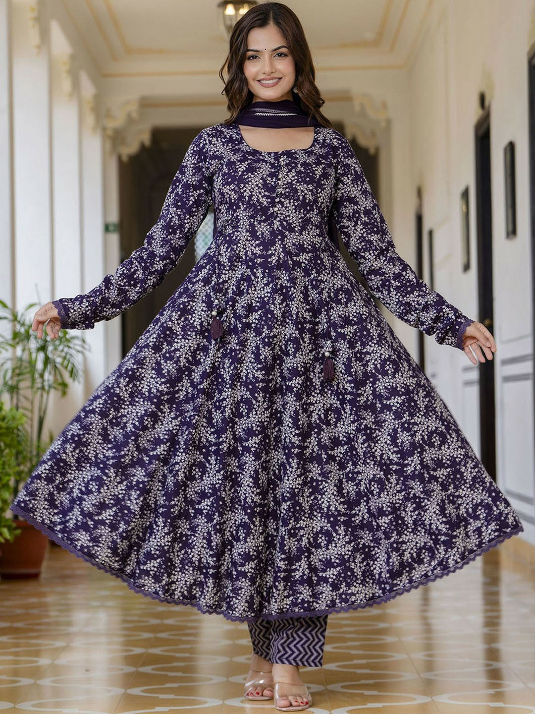 Purple Floral Printed Anarkali Kurta with Pyjama & Dupatta