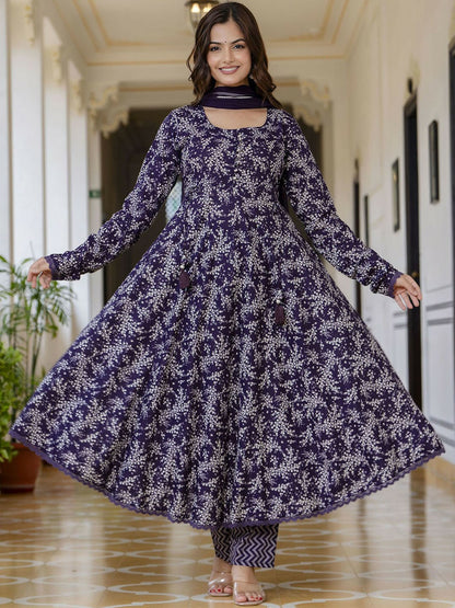 Purple Floral Printed Anarkali Kurta with Pyjama & Dupatta