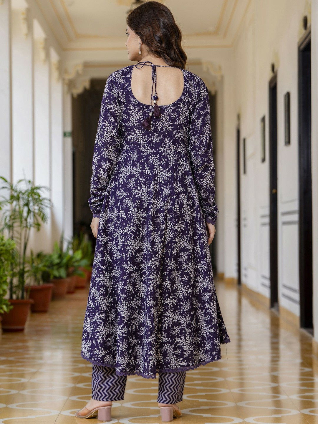 Purple Floral Printed Anarkali Kurta with Pyjama & Dupatta