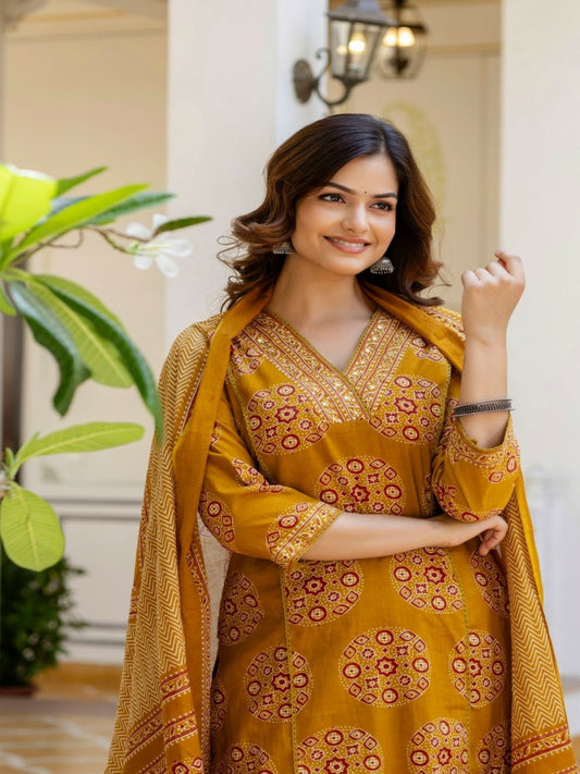 Mustard Yellow Mirror Work Floral Kurta with Palazzo & Dupatta