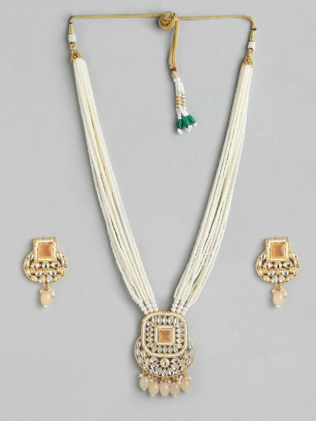 Gold Plated Kundan Beaded Layered Necklace & Earring Set