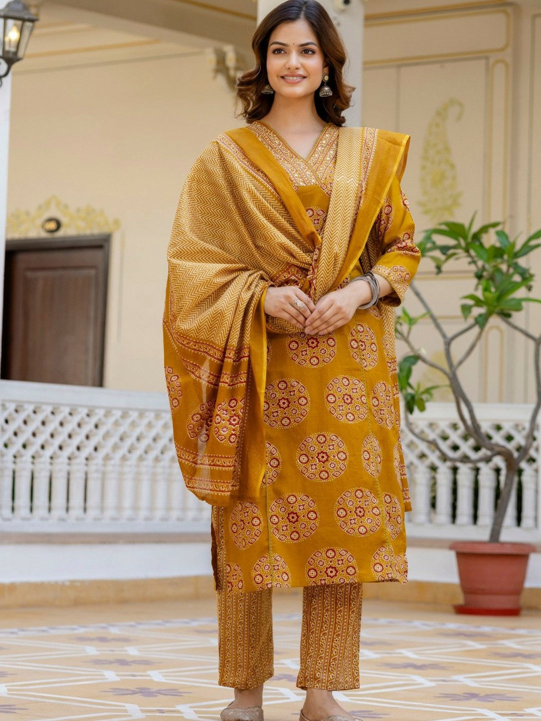 Mustard Yellow Mirror Work Floral Kurta with Palazzo & Dupatta