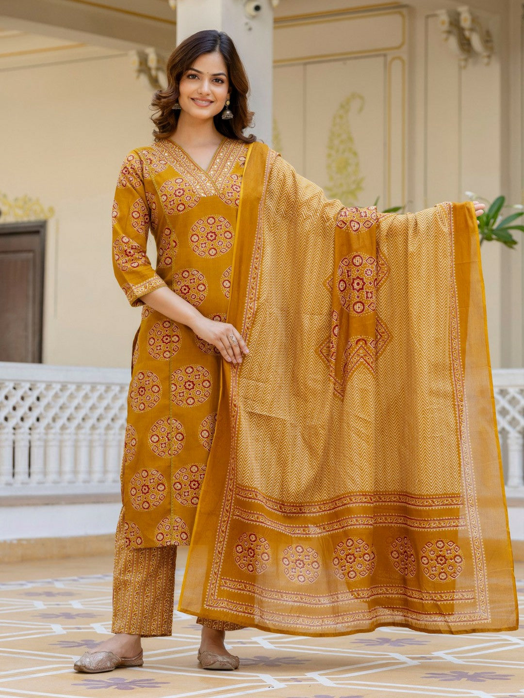 Mustard Yellow Mirror Work Floral Kurta with Palazzo & Dupatta