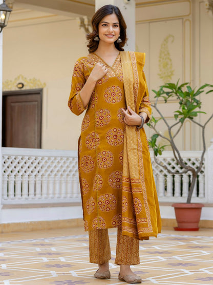 Mustard Yellow Mirror Work Floral Kurta with Palazzo & Dupatta