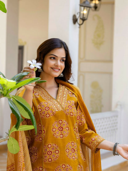 Mustard Yellow Mirror Work Floral Kurta with Palazzo & Dupatta
