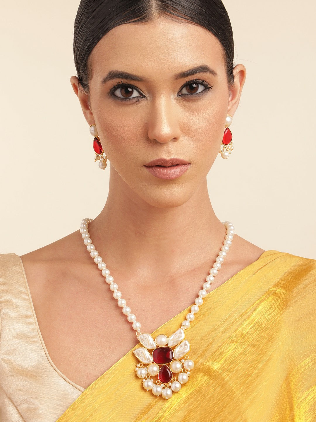 Gold-Plated Stone & Mother of Pearl Beaded Necklace & Earring Set