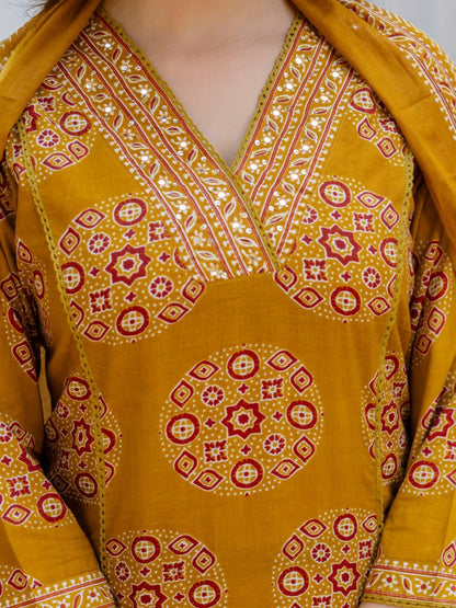 Mustard Yellow Mirror Work Floral Kurta with Palazzo & Dupatta