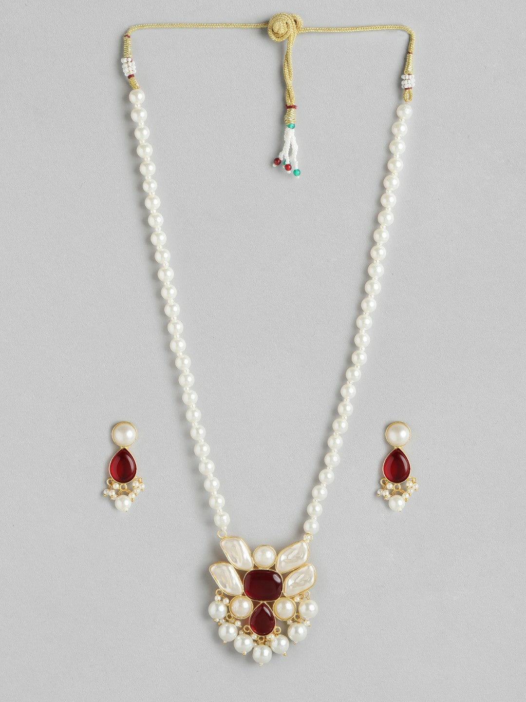 Gold-Plated Stone & Mother of Pearl Beaded Necklace & Earring Set