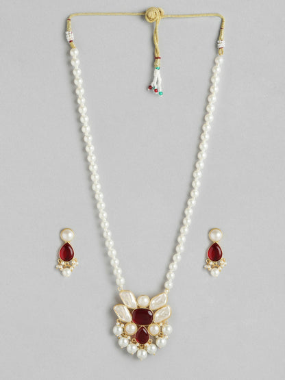 Gold-Plated Stone & Mother of Pearl Beaded Necklace & Earring Set