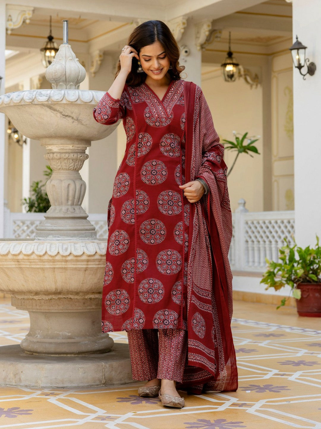 Maroon Floral Printed Mirror Work Kurta Set with Dupatta