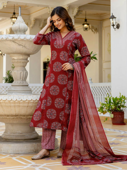 Maroon Floral Printed Mirror Work Kurta Set with Dupatta