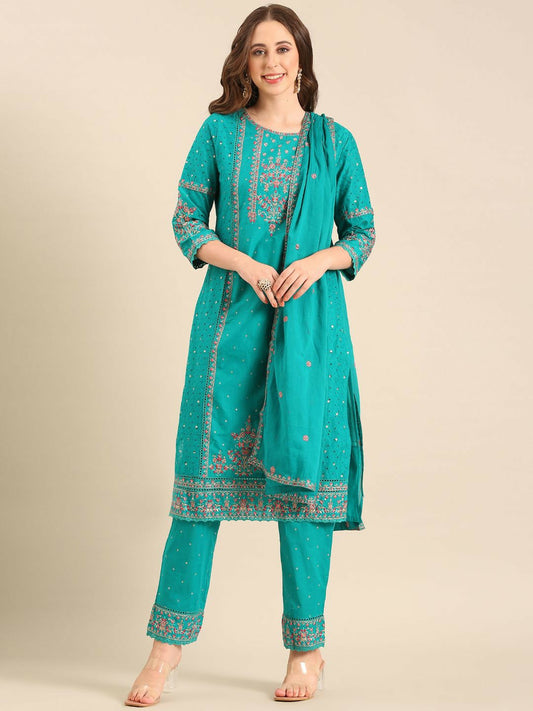 Blue Floral Embroidered Cotton Kurta Set with Dupatta – Elegant 3-Piece Set for Women