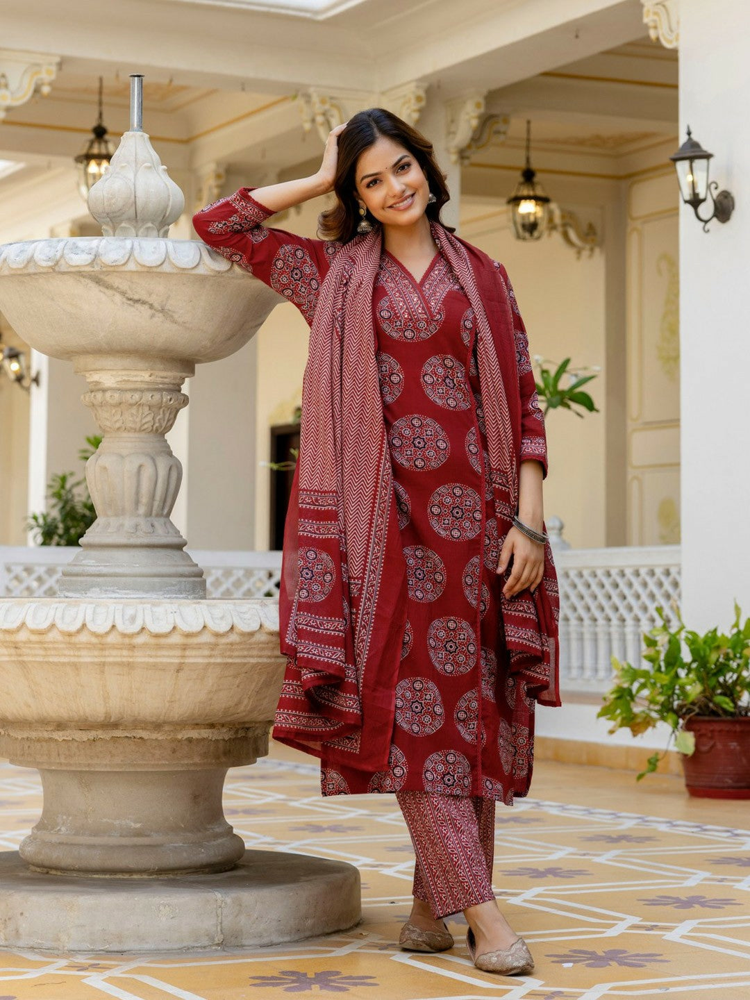 Maroon Floral Printed Mirror Work Kurta Set with Dupatta