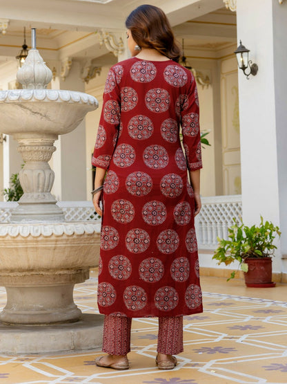 Maroon Floral Printed Mirror Work Kurta Set with Dupatta