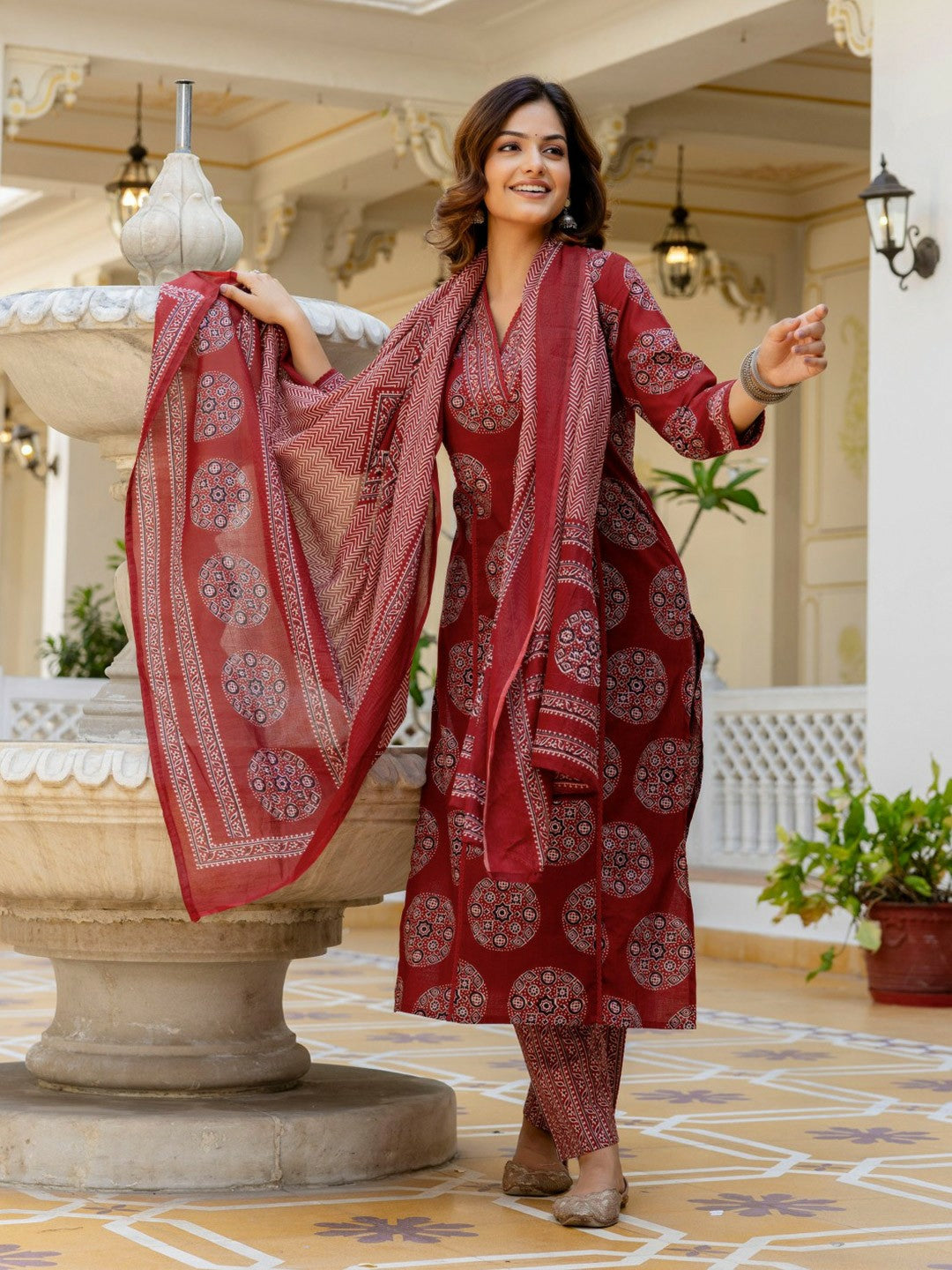 Maroon Floral Printed Mirror Work Kurta Set with Dupatta