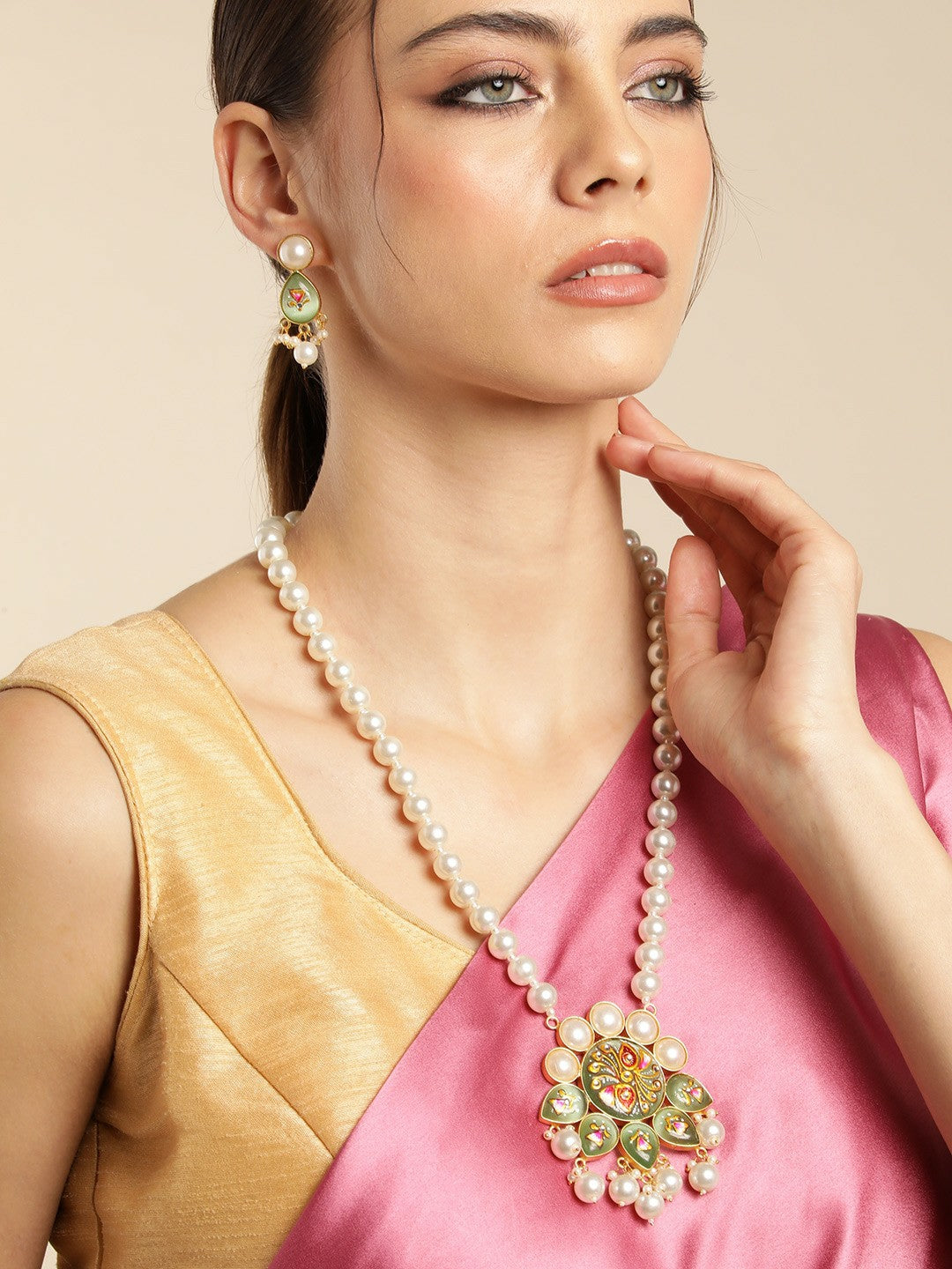 Gold Plated Mint Beaded Necklace Set with Floral MOP Pendant & Earrings