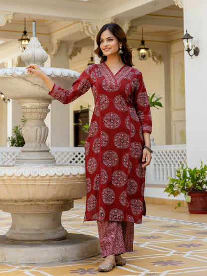 Maroon Floral Printed Mirror Work Kurta Set with Dupatta