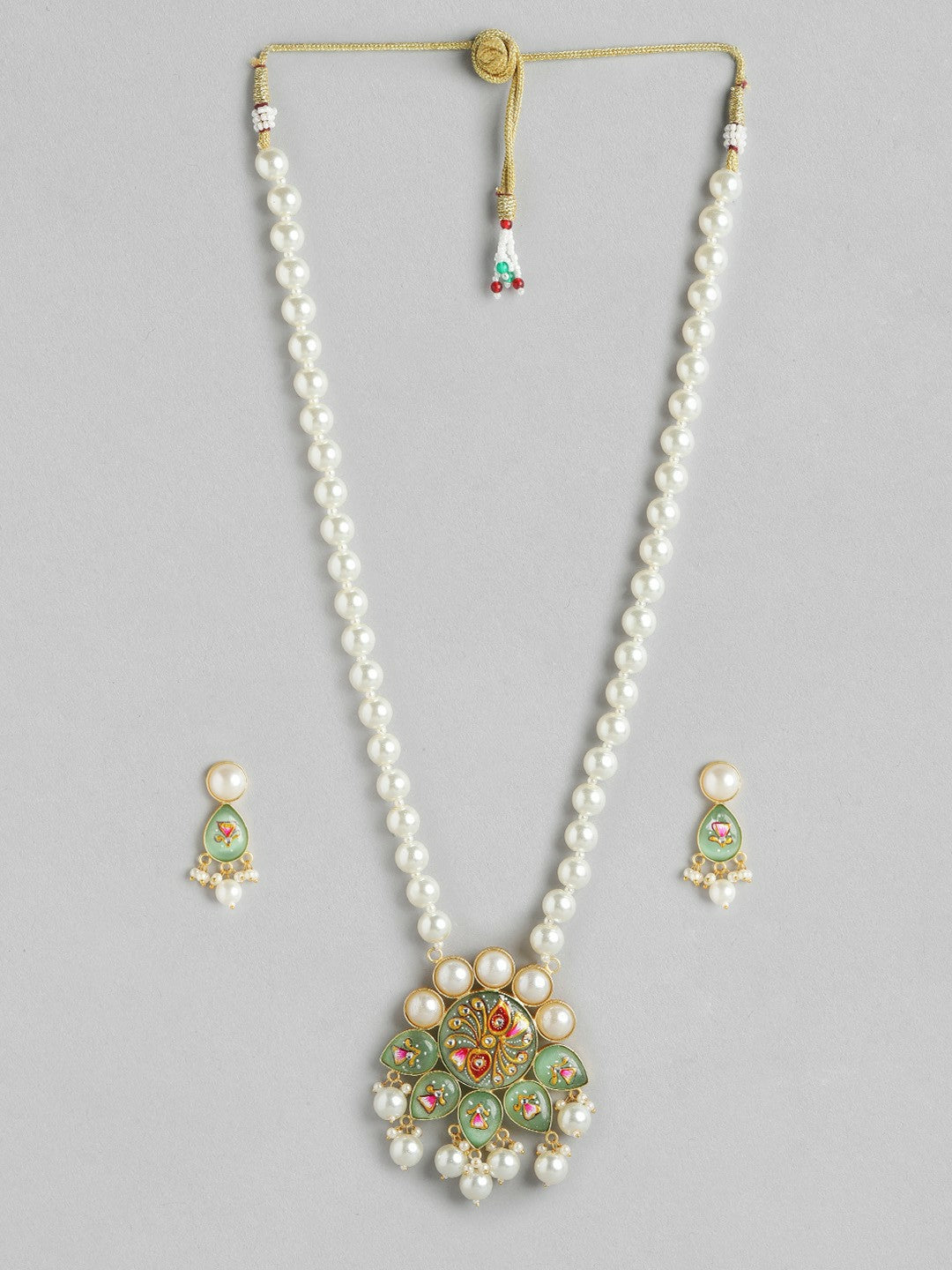 Gold Plated Mint Beaded Necklace Set with Floral MOP Pendant & Earrings