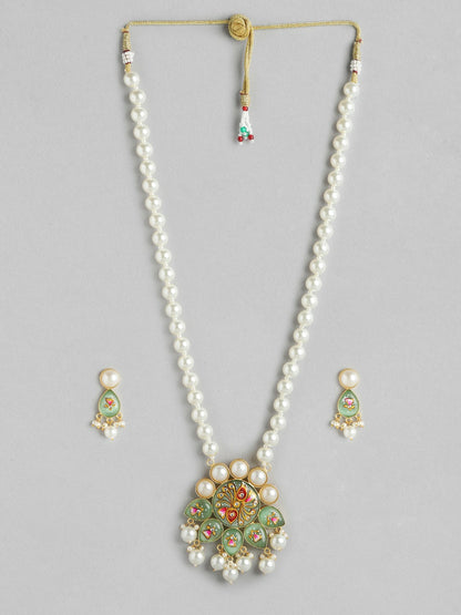 Gold Plated Mint Beaded Necklace Set with Floral MOP Pendant & Earrings