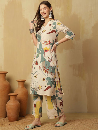 Cream Floral Printed V-Neck Kurta with Palazzo
