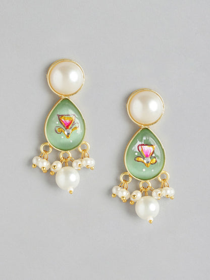 Gold Plated Mint Beaded Necklace Set with Floral MOP Pendant & Earrings