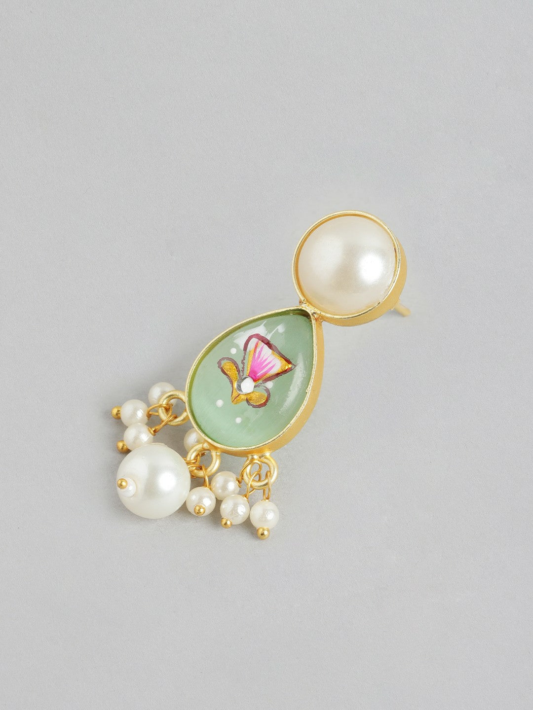 Gold Plated Mint Beaded Necklace Set with Floral MOP Pendant & Earrings