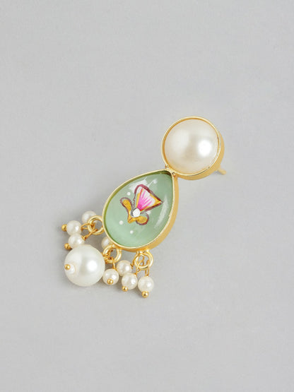 Gold Plated Mint Beaded Necklace Set with Floral MOP Pendant & Earrings