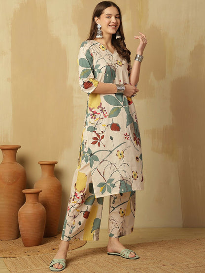 Cream Floral Printed V-Neck Kurta with Palazzo