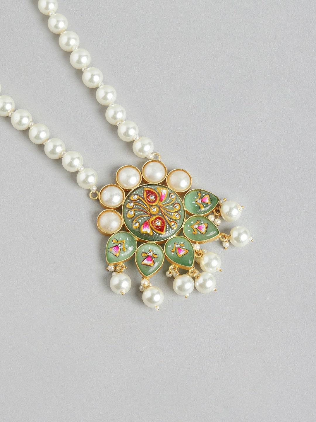 Gold Plated Mint Beaded Necklace Set with Floral MOP Pendant & Earrings