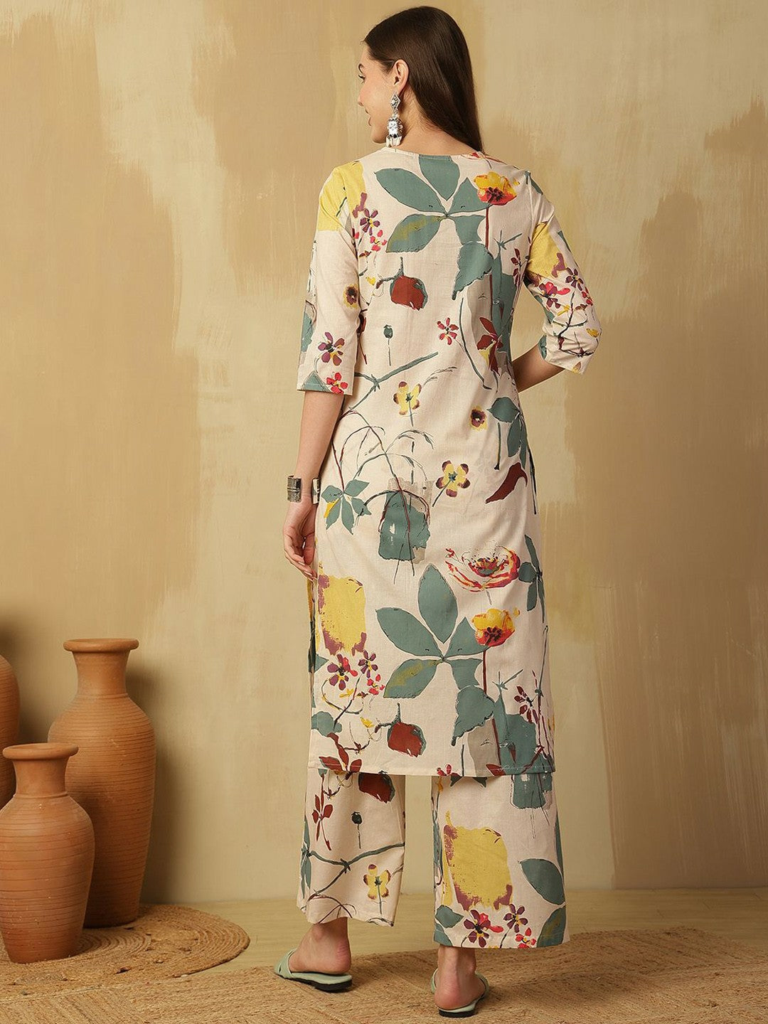 Cream Floral Printed V-Neck Kurta with Palazzo