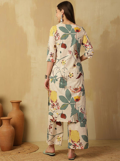Cream Floral Printed V-Neck Kurta with Palazzo