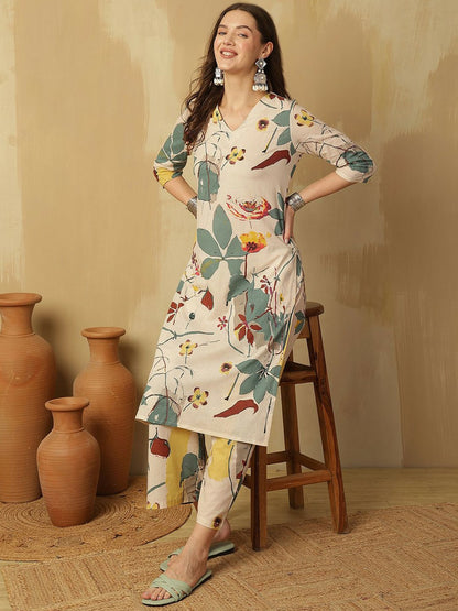 Cream Floral Printed V-Neck Kurta with Palazzo
