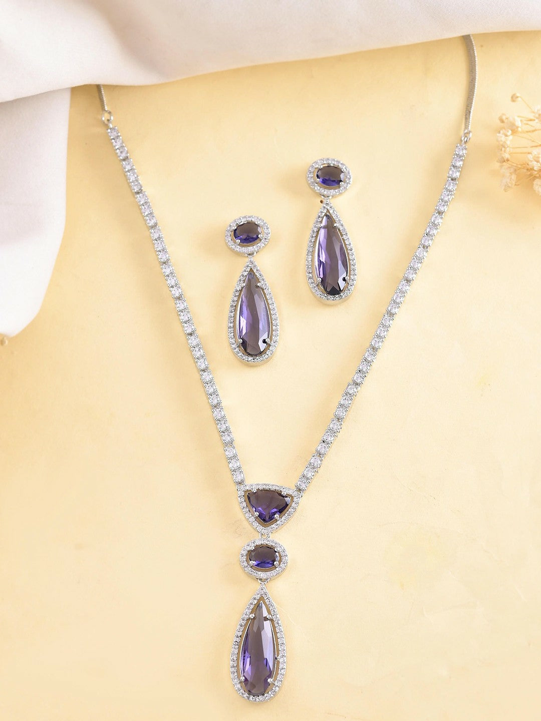 Silver Plated Purple AD & CZ Studded Necklace Set