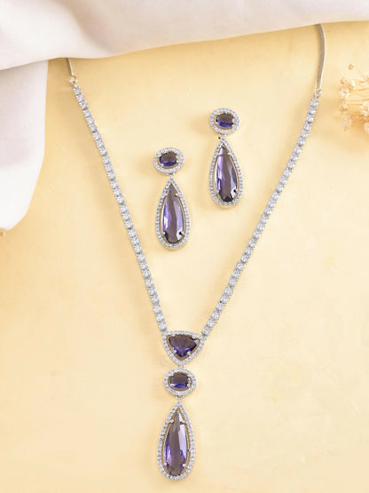 Silver Plated Purple AD & CZ Studded Necklace Set