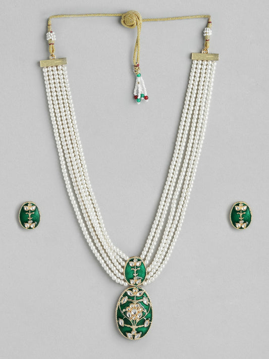 Gold Plated Kundan Studded Necklace & Earring Set with Layered Beads
