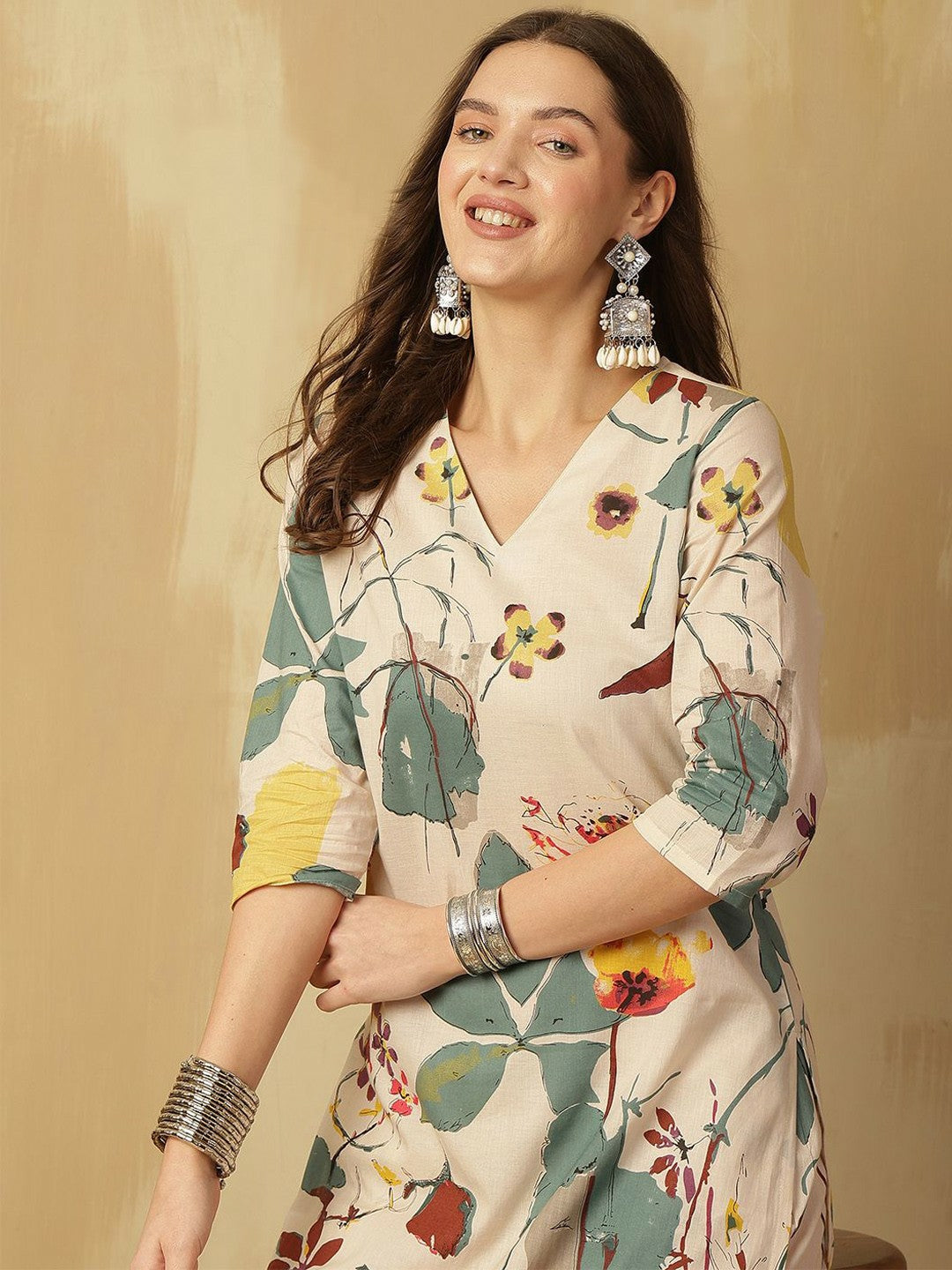 Cream Floral Printed V-Neck Kurta with Palazzo