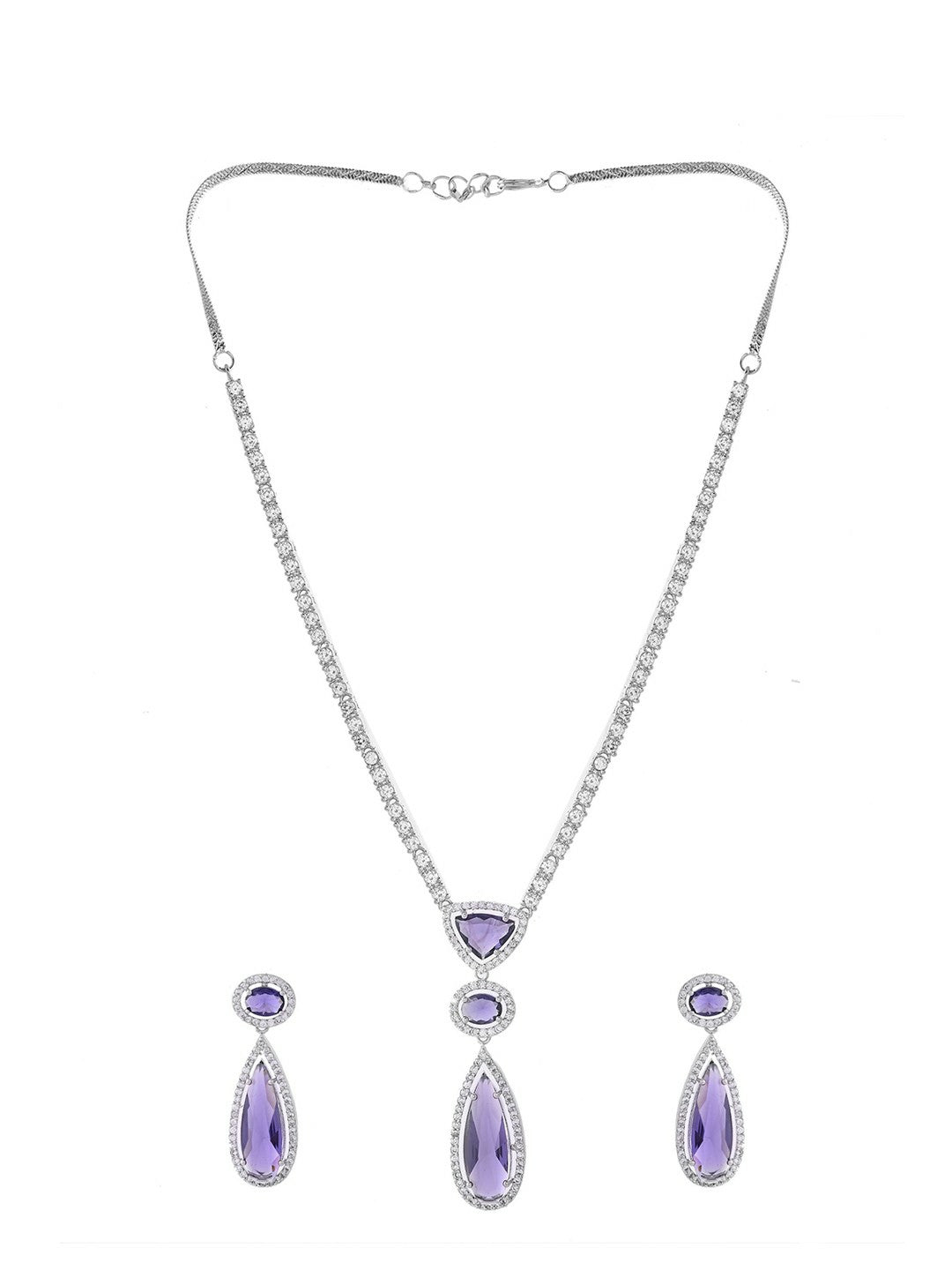 Silver Plated Purple AD & CZ Studded Necklace Set