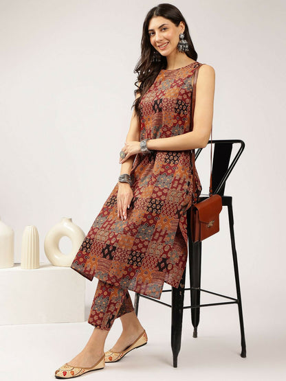 Brown Floral Print Sleeveless Kurta with Trouser Set