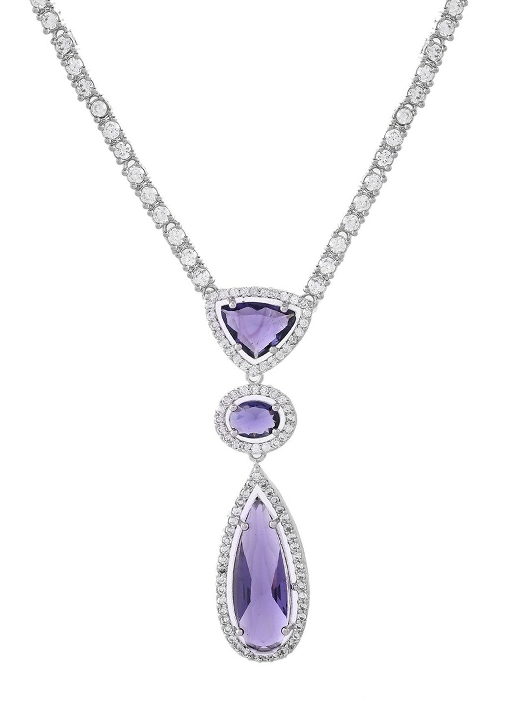 Silver Plated Purple AD & CZ Studded Necklace Set