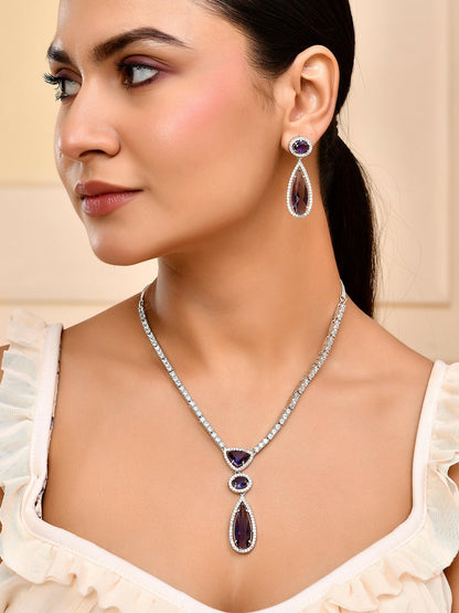 Silver Plated Purple AD & CZ Studded Necklace Set