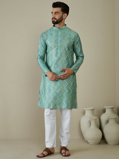 Men’s Sea Green Ethnic Motif Embroidered Kurta