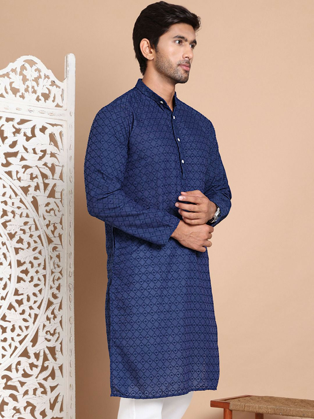 Men’s Navy Blue Chikankari Embroidered Cotton Kurta