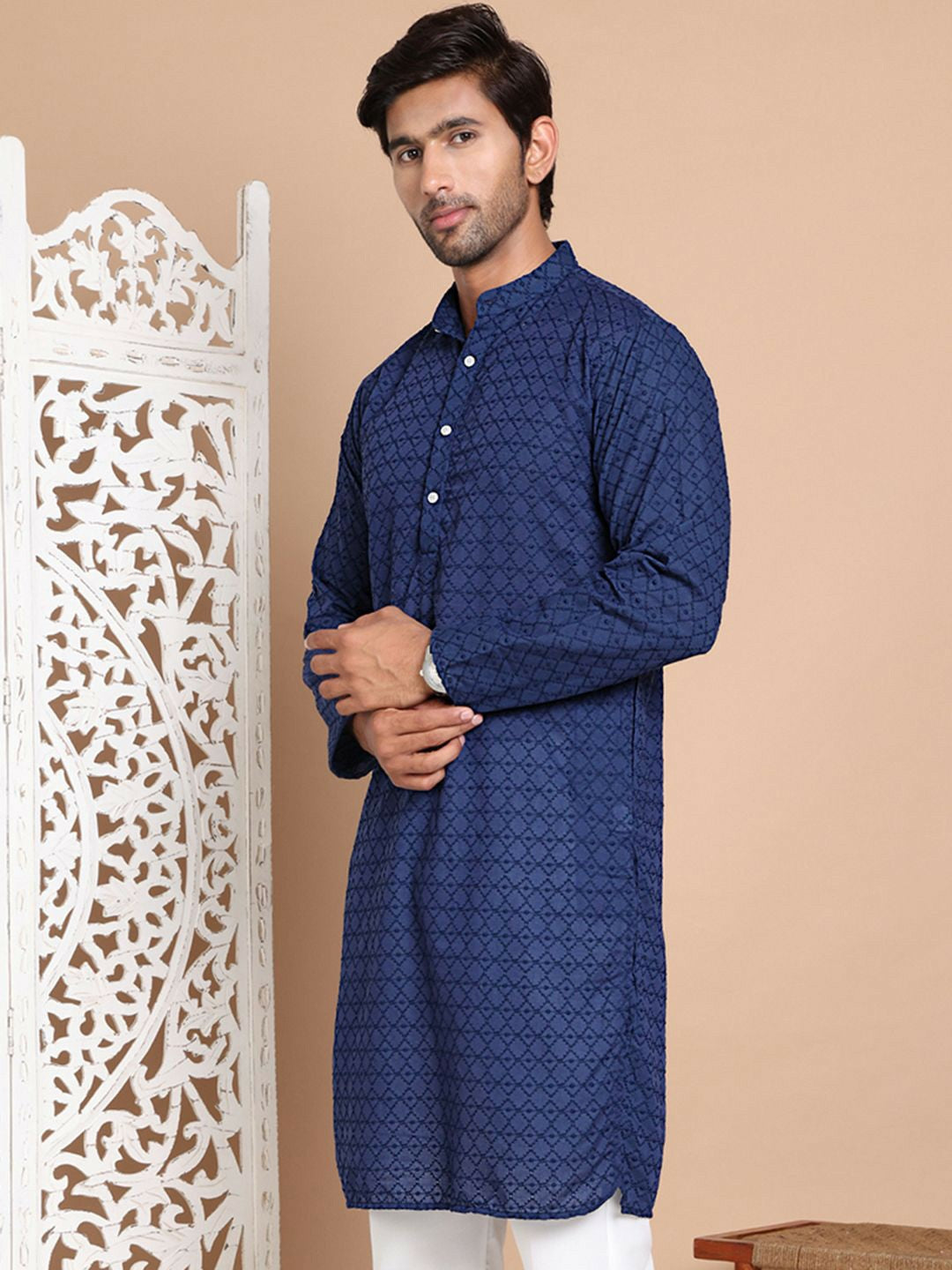Men’s Navy Blue Chikankari Embroidered Cotton Kurta