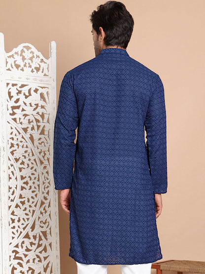 Men’s Navy Blue Chikankari Embroidered Cotton Kurta